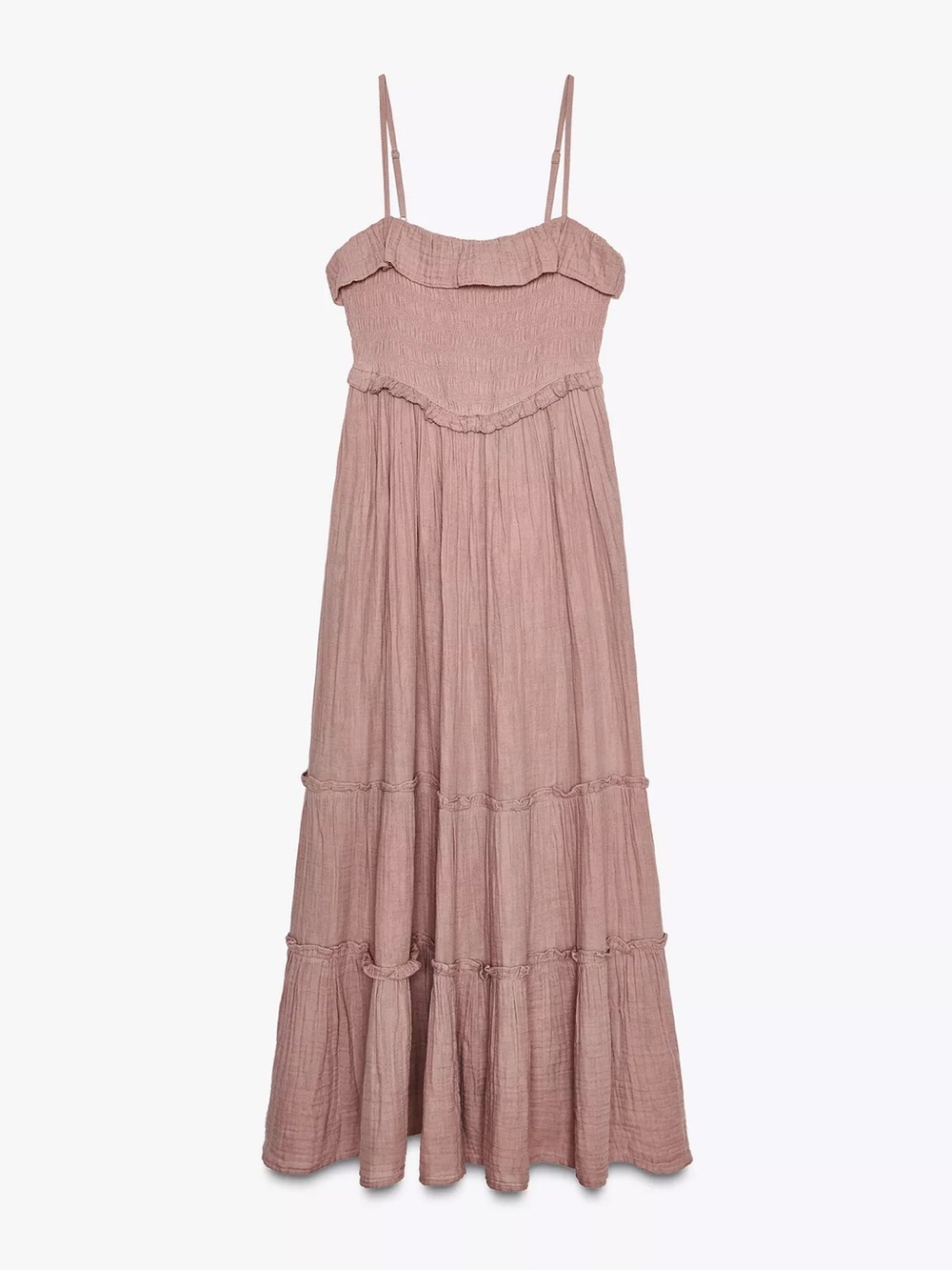 Mauve Smocked Ruffle Midi Dress with Spaghetti Straps